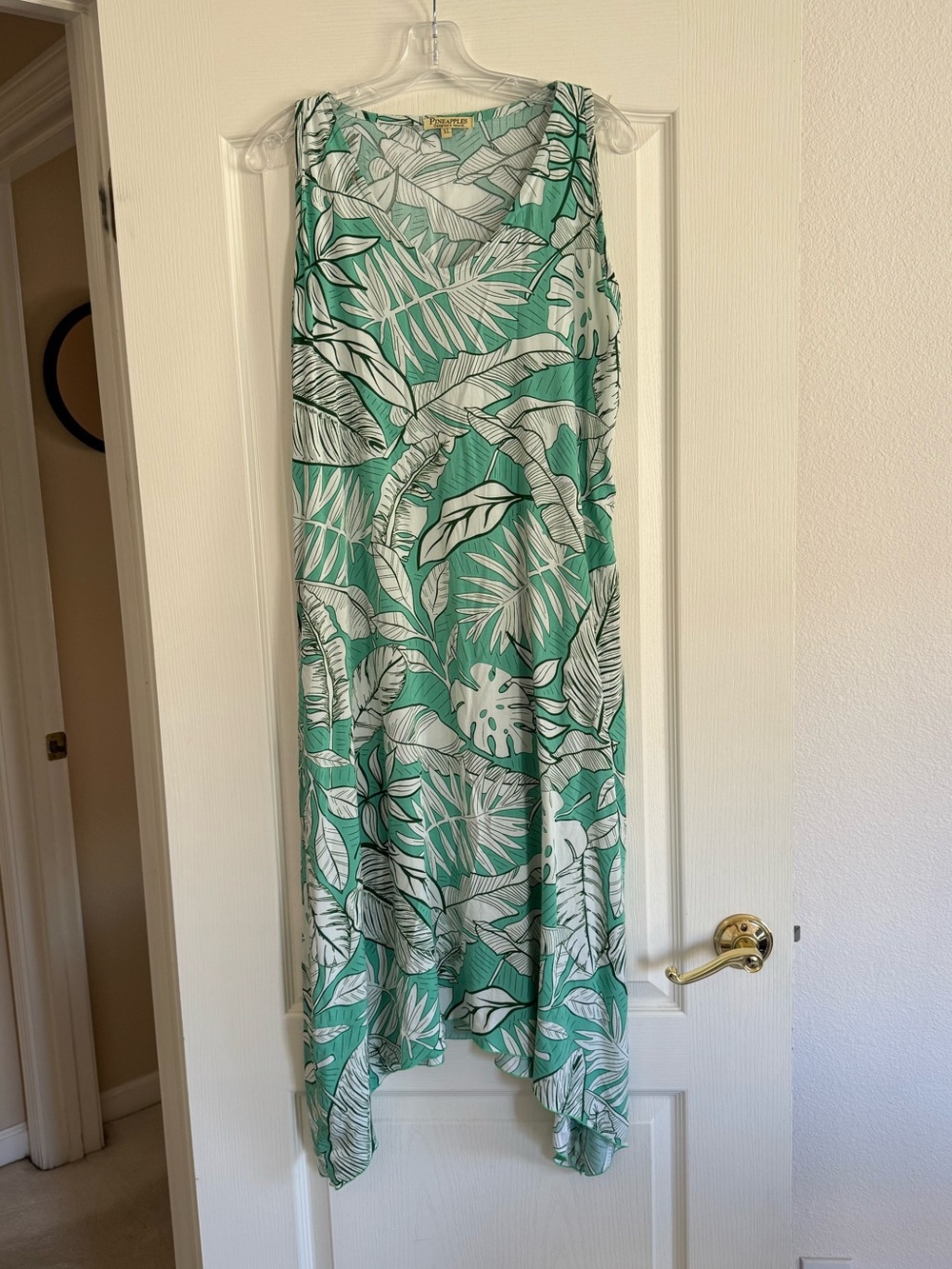 Pineapples Boutique Hawaii Green White Tropical Leaf Print Midi Dress Pockets XL